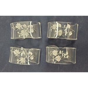 SET OF 4 MCM REVERSE CARVED CLEAR LUCITE NAPKIN RINGS FLORAL VINTAGE